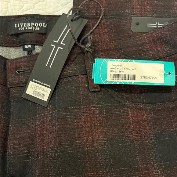 Liverpool Plaid Skinny Pants - Black & Burgundy - Picture 2 of 3